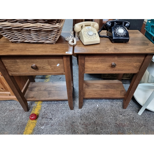 580 - Two very handsome solid wood bedside tables with a drawer each and shelf to base. H77cm x W61cm x D4... 