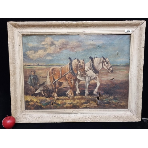 61 - A large vintage original antique oil on canvas painting featuring two workhorses pulling a plow. Sig... 