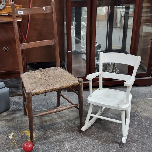 615 - Two chairs including an antique rattan seated hall chair, and a child's rocking chair in a cream sha... 