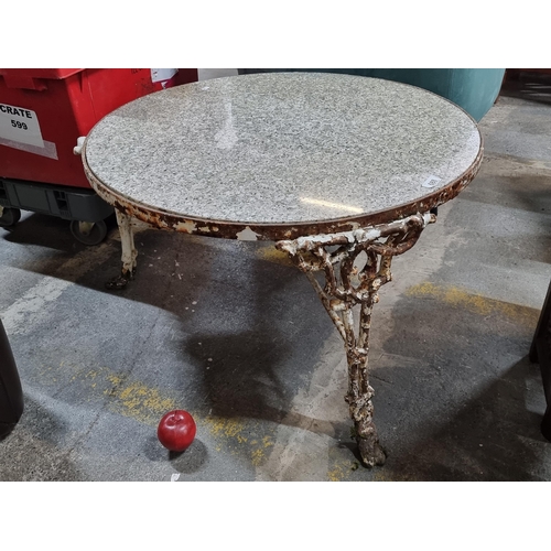 688 - Star Lot : A fabulous 19th century  antique cast iron outdoor table with a great granite top and pie... 