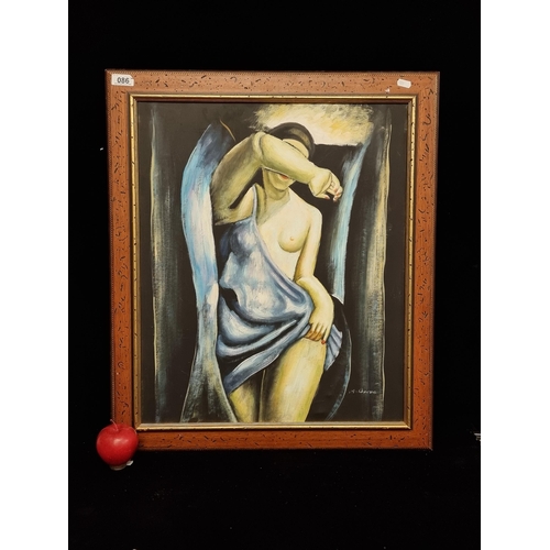 86 - An original atmospheric acrylic on canvas painting showing a nude female figure in blue folded drape... 