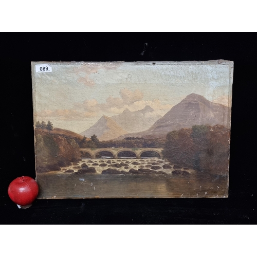 89 - An antique 19th century original oil on canvas painting showing an alpine scene of cattle being led ... 