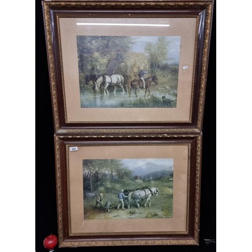 92 - Two large beautiful antique frames containing prints of landscapes within. The frames have ornate ca... 