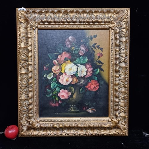 94 - Star Lot : A fabulous original vintage  oil on canvas board painting featuring a bountiful bouquet o... 