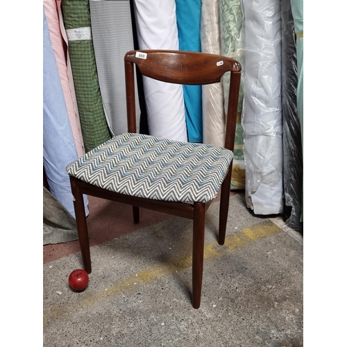 660 - A gorgeous mid century chair with tapered legs and upholstered in fabulous chevron pattern green and... 