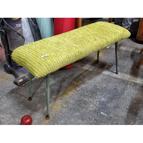 661 - A fantastic retro mid century bench with tapered metal legs and groovy textured green upholstery.