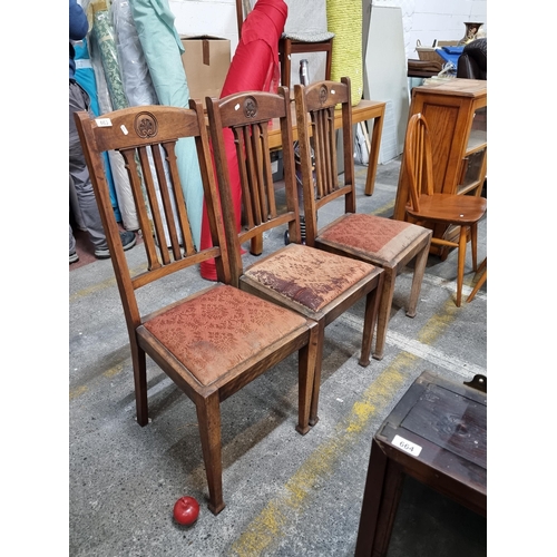 663 - Three wonderful antique Edwardian slat back chairs with scroll and foliate motif to back, tapered sq... 