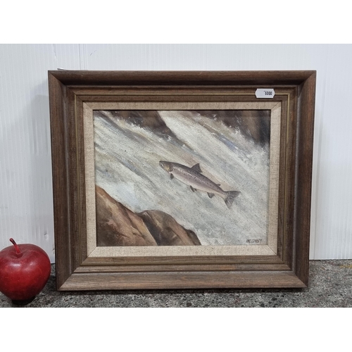 669 - A delightful original acrylic on canvas painting featuring a leaping salmon up a waterfall on its fa... 