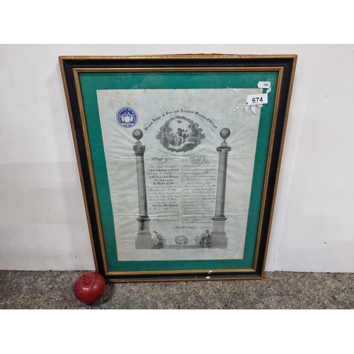 674 - A framed original certificate dating to 1855 for the Grand Lodge of Free and Accepted Mason's of Ire... 