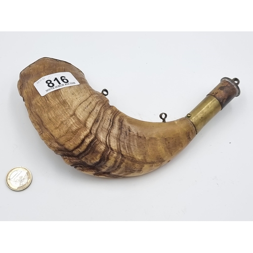 816 - An excellent example of an antique Rams Horn powder flash, with brass mount and accents. Set with br... 