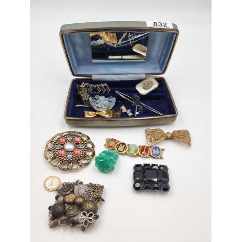 832 - A selection of vintage high quality costume jewellery, consisting of 11 brooches, of interest is an ... 