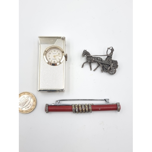 833 - Three very interesting items include a Sterling Silver marcasite brooch in the shape of a horse and ... 