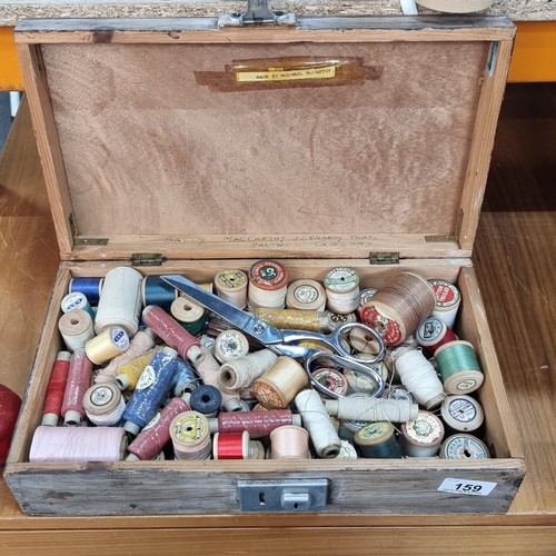 159 - A large handcrafted wooden sewing box filled with a large selection of vintage sewing thread spools.... 