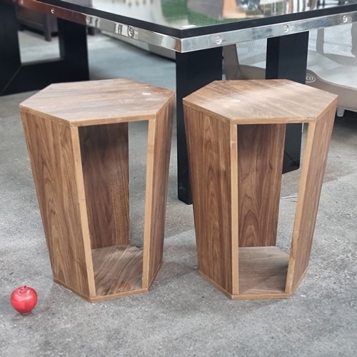 593 - A wonderfully unique and contemporary pair of mid century  end tables . Of geometric form, with a he... 