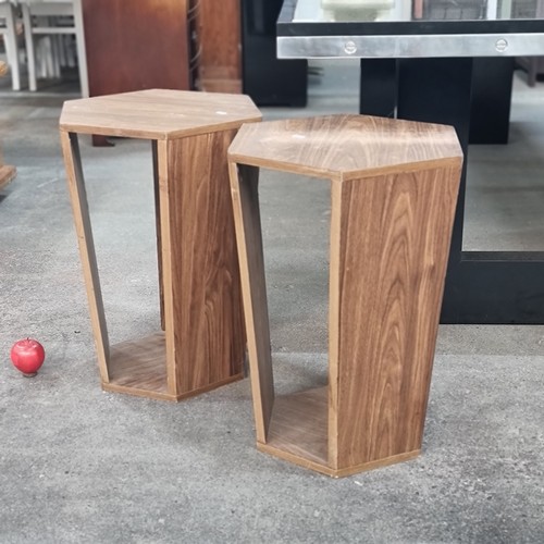 593 - A wonderfully unique and contemporary pair of mid century  end tables . Of geometric form, with a he... 