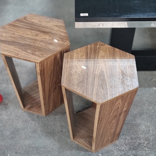 593 - A wonderfully unique and contemporary pair of mid century  end tables . Of geometric form, with a he... 