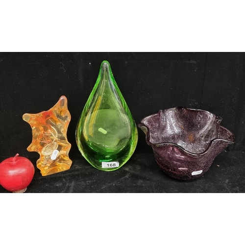 168 - Three art glass items including a beautiful hand-blown amethyst bowl with boullicante bubble work fe... 