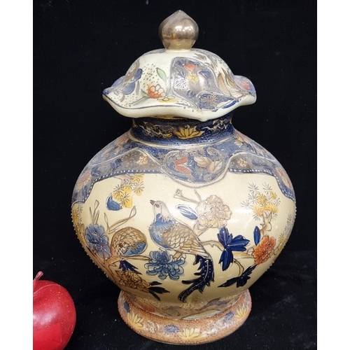 169 - A pretty, vintage satsuma lidded jar. Nicely decorated in shades of cobalt blue and red with moriage... 