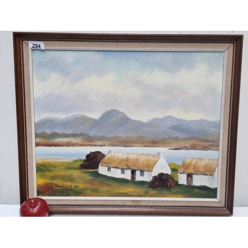 294 - A charming original oil on canvas painting showing a west of Ireland landscape with thatched cottage... 