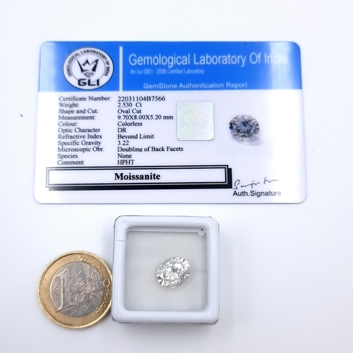 34 - A sparkling brilliant oval cut white Moissanite of 2.53 carats. Comes with certificate of authentici... 
