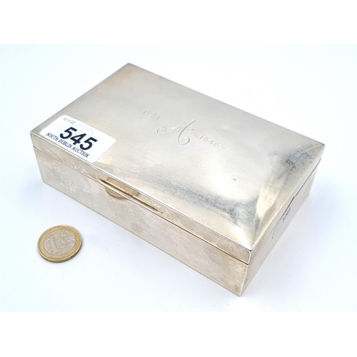 545 - A beautiful wooden lined silver vintage cigarette box, with the initial 