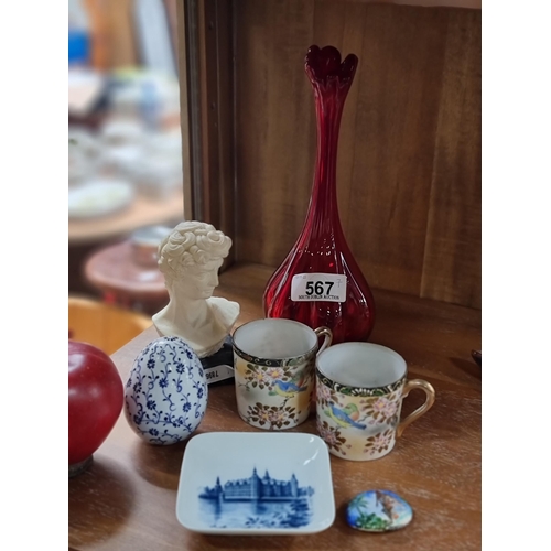 567 - A collection of seven vintage items, including a Bohemia ruby bud vase and two Japanese Mikori cups ... 