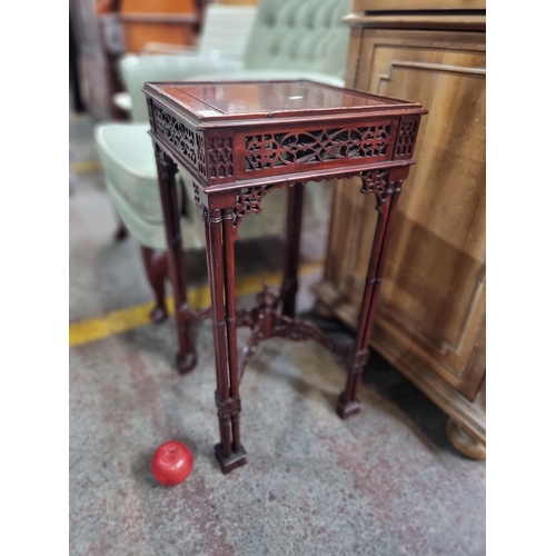 572 - Star Lot : A gorgeous Chinese side table with intricately pierced motifs and stretcher, as well as c... 