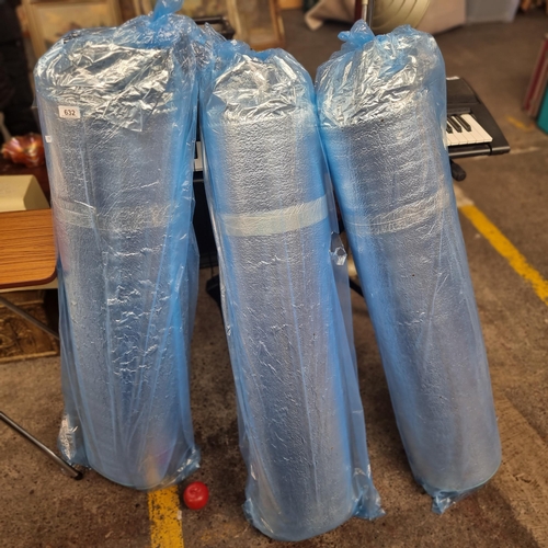 632 - Three brand new rolls of silver aluminium insulation/ sound proofing. Sealed in original packaging. ... 