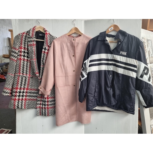 644 - Three lady's  jackets, including a navy example by Pink (size M), a Zara blush suede example (size S... 