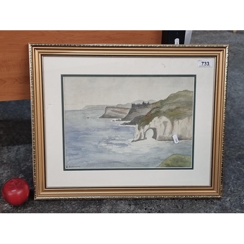 733 - A charming framed watercolour on paper painting of an Irish coastal landscape featuring a sea arch t... 