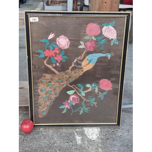 751 - A lovely antique framed embroidered artwork of a peacock perched on a branch donned with pink flower... 