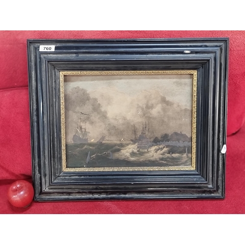 760 - A lovely antique watercolour on paper painting featuring ships struggling against a stormy sea coast... 