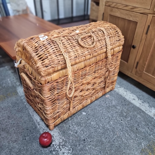 763 - A delightful good sized woven wicker  basket with hinged lid, ropes closing ties  and two carry hand... 