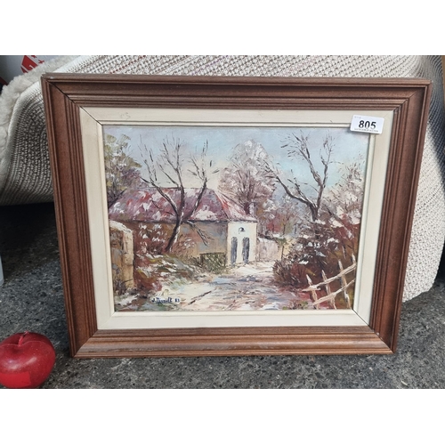 805 - A very nicely rendered original oil on canvas painting of a snow covered yard with bare trees and lo... 