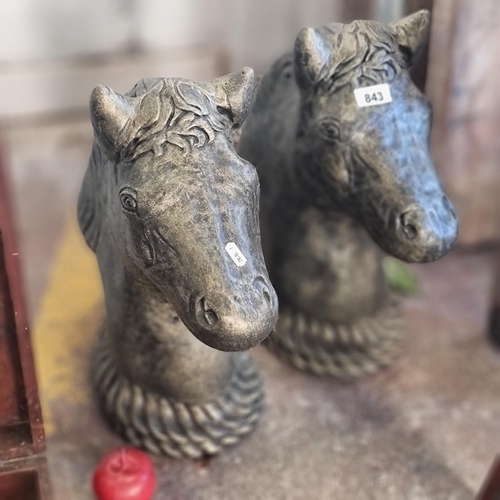 843 - A pair of heavy reconstituted stone horse busts perfect for the garden or entrance way. About 3/4 ac... 