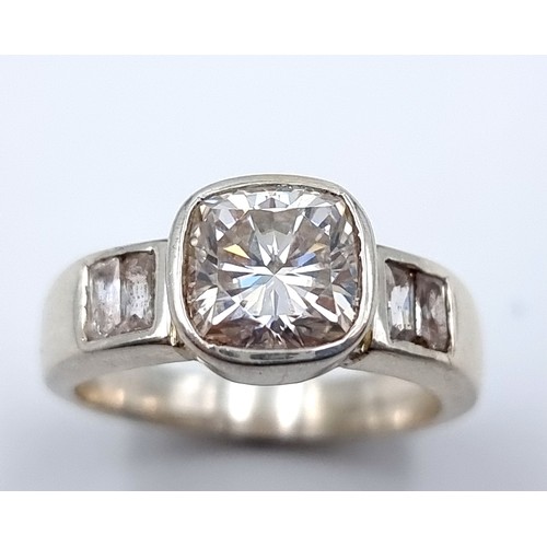 49 - A fine example of a Gentlemans 2.8 carat cushion cut White Moissanite ring, set in a sterling silver... 