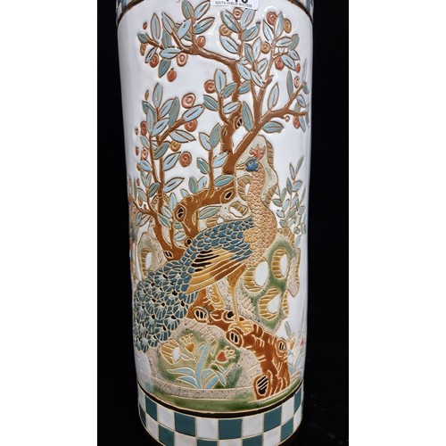 110 - A gorgeous large Chinese cylindrical umbrella stand with incised hand painted scene of a peacock to ... 