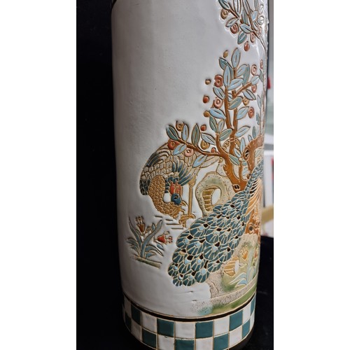 110 - A gorgeous large Chinese cylindrical umbrella stand with incised hand painted scene of a peacock to ... 