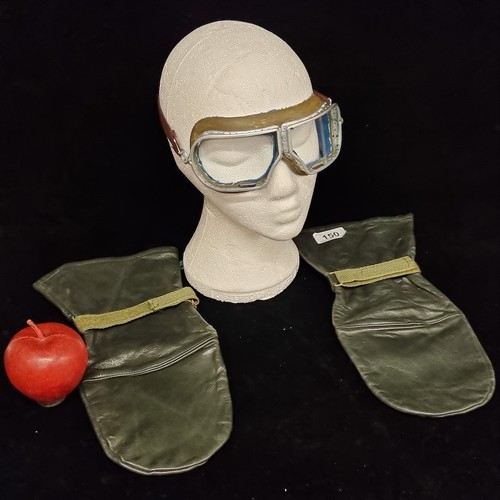 150 - Two examples of aviation gear including Soviet goggles and a pair of green leather mitts, size 11 in... 