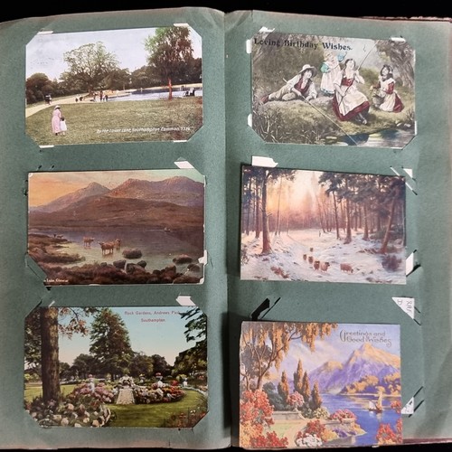 153 - A beautiful antique post card album including 151 Edwardian and early 20th century post cards. All c... 