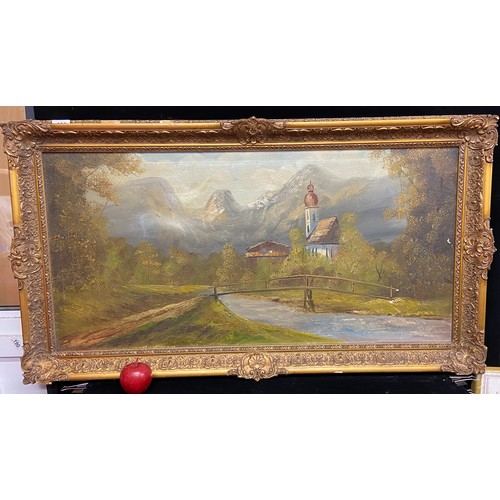 800 - A beautiful large original antique oil on canvas featuring a mountainous countryside scene with a wo... 