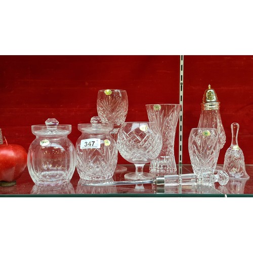 347 - A selection of 9 Tyrone Crystal pieces, including a sugar sifter, a bell and a letter opener. In ver... 