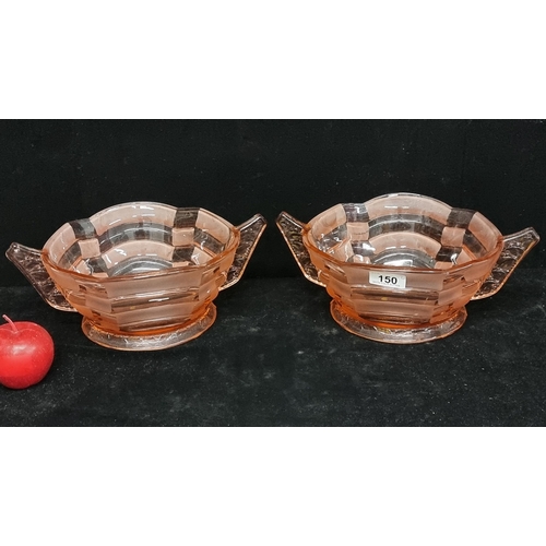 150 - Two very elegant, large Art Deco pink Depression glass bowls. Both with frosted detail and large ang... 