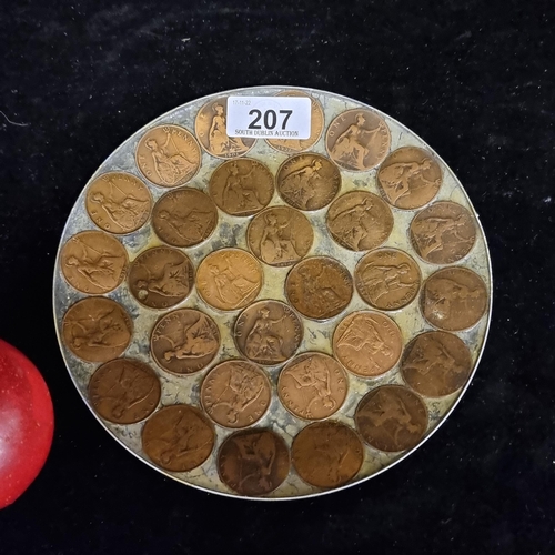 207 - An interesting vintage pewter plate, mounted with large one penny coins ranging in age from 1896 up ... 