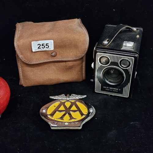 255 - An original vintage AA (Automobile Association) car grille badge along with a Kodak Six-20 