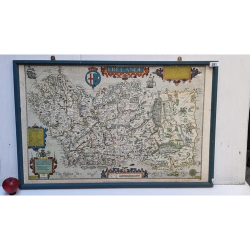 281 - A high quality large framed print of a map of Ireland dating to 1599 by Baptista Boazio.