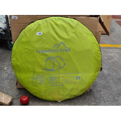 466 - A Freedon Trail 'Pitch+Go' lime and grey pop-up tent fitting two people, in original zip-up case.