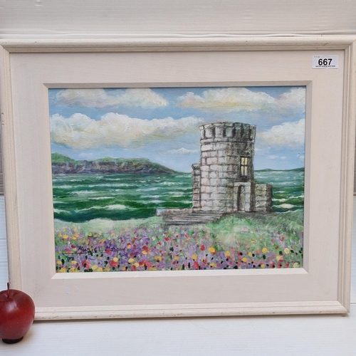 667 - A lovely original acrylic on canvas painting featuring a stone tower house in a flowery meadow, with... 