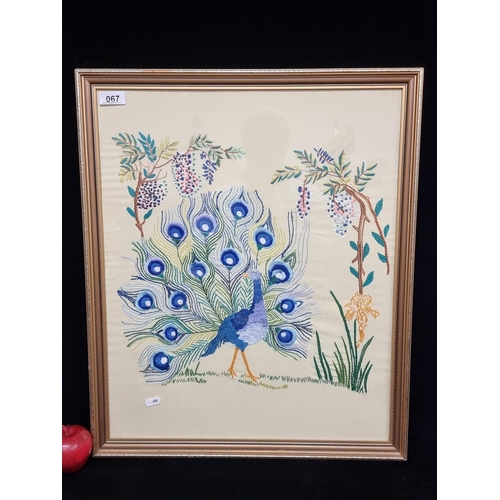 67 - A delightful large vintage silk embroidery piece showing a proud peacock fanning his tail feathers b... 