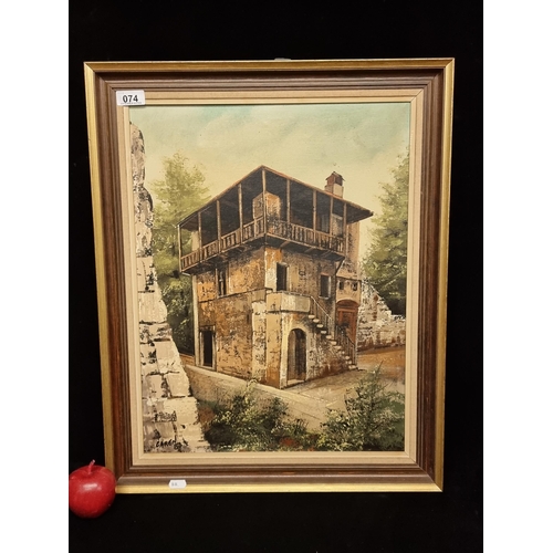 74 - A lovely original oil on canvas painting featuring a study of the Romanesque House in Croatia. Signe... 